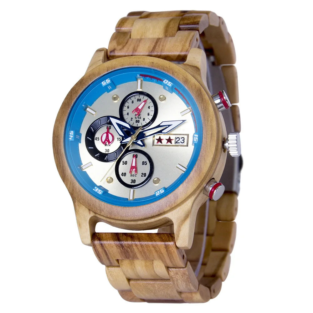 

Multifunctional three-eye six-hand luminous quartz watch wooden watch men