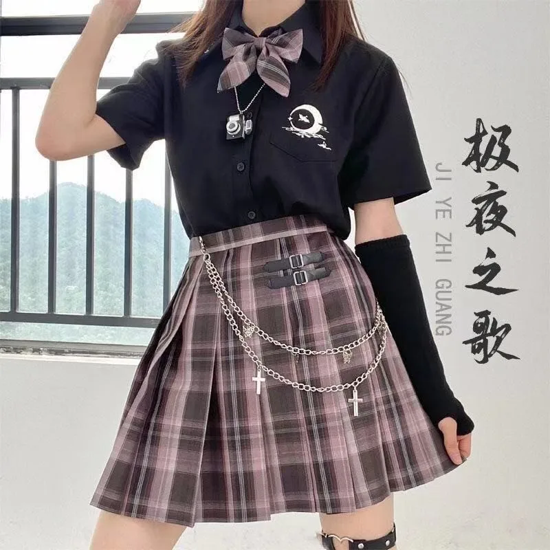 

[Song of the night] Girl's Short/Long sleeve High Waist Pleated Skirts Plaid Skirts Women Dress For JK School Uniform Students