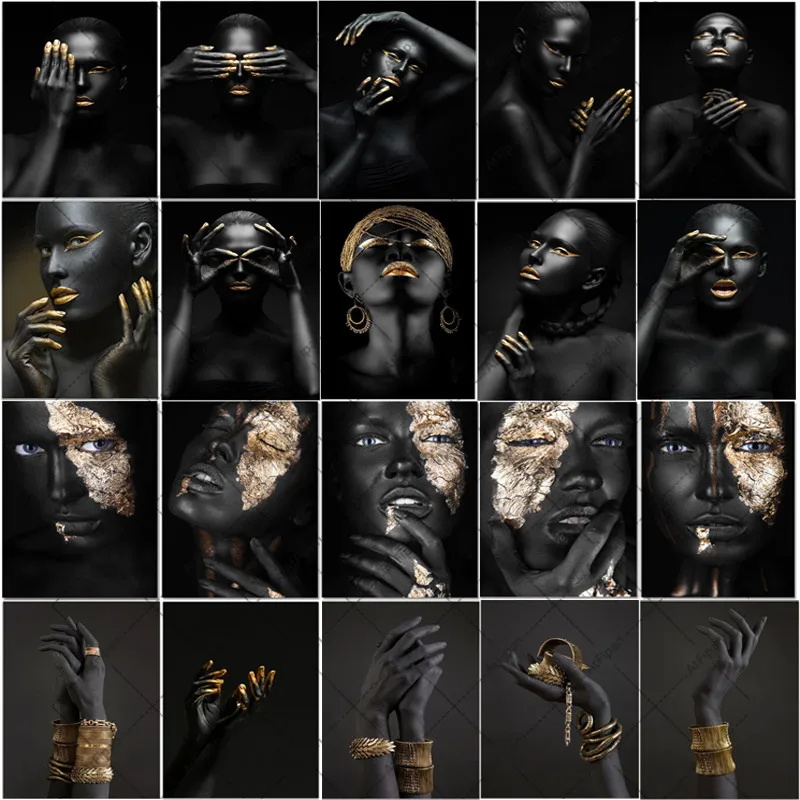 

African Art Black and Gold Woman Oil Painting on Canvas Cuadros Posters and Prints Scandinavian Wall Art Picture for Living Room