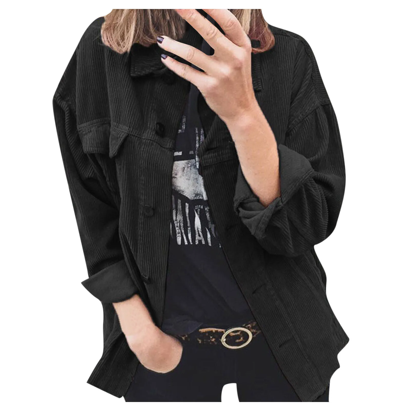 Women Casual Solid Button Lapel Long Sleeve Coat with Pocket Loose Cardigan Jacket