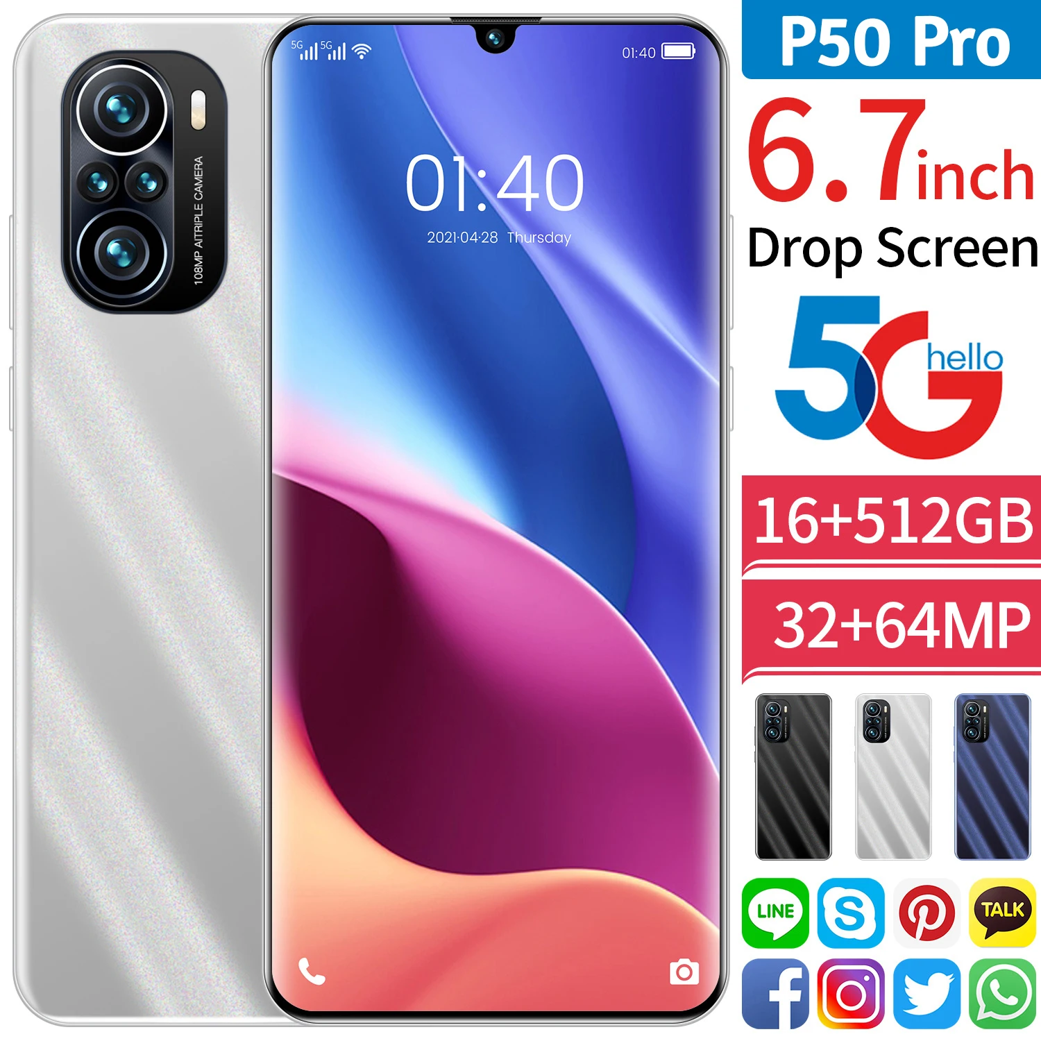 

Smartphone Global Version P50 Pro 6.7Inch Dual SIM 6000mAh 16G+512G Deca Core 4G 5G MobilePhone Face ID Unlock 32+64MP Cellphone