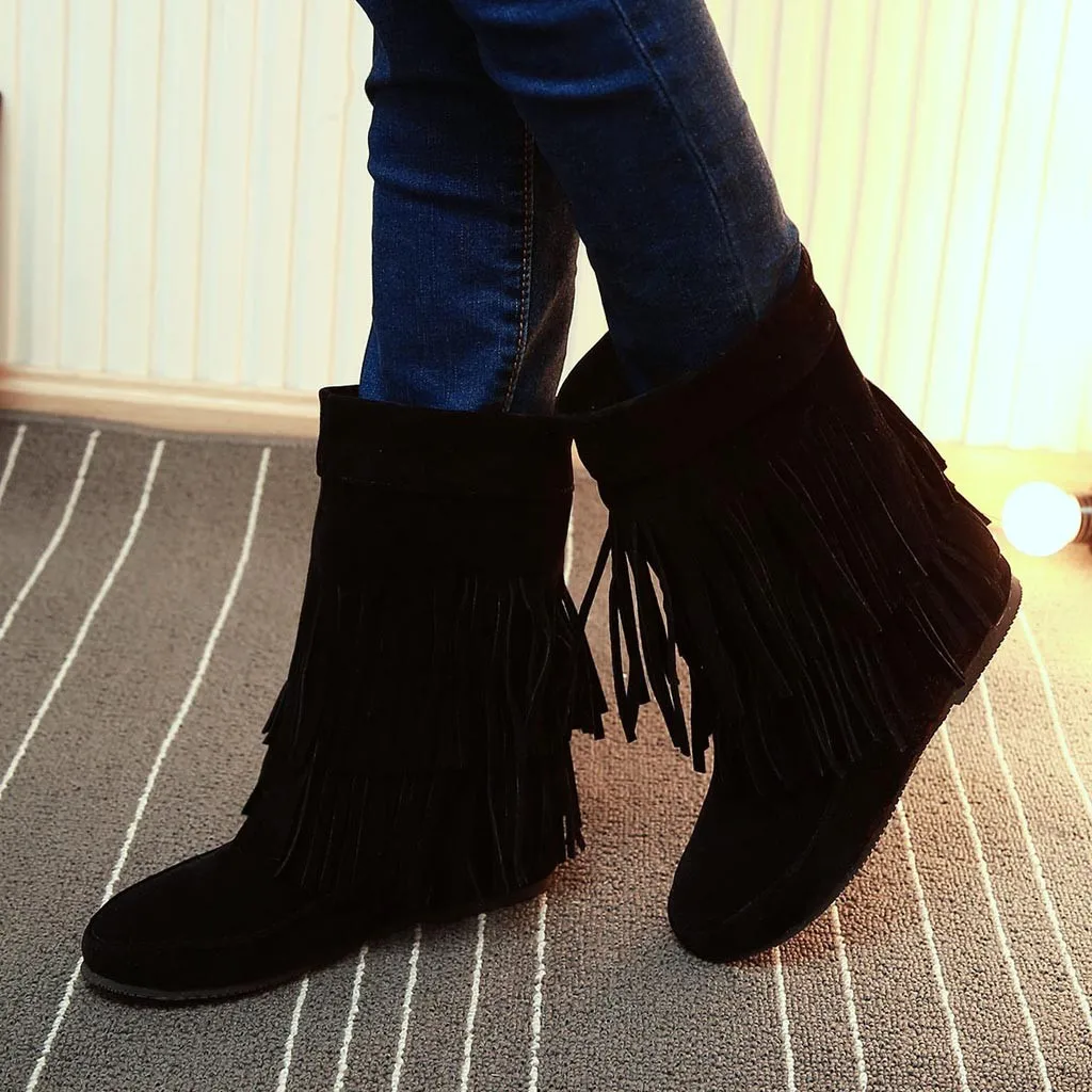 Женские зимние ботинки; ботинки с бахромой; женские модные полусапожки на танкетке, увеличивающие рост; замшевые ботинки; zapatos de mujer feminina 30