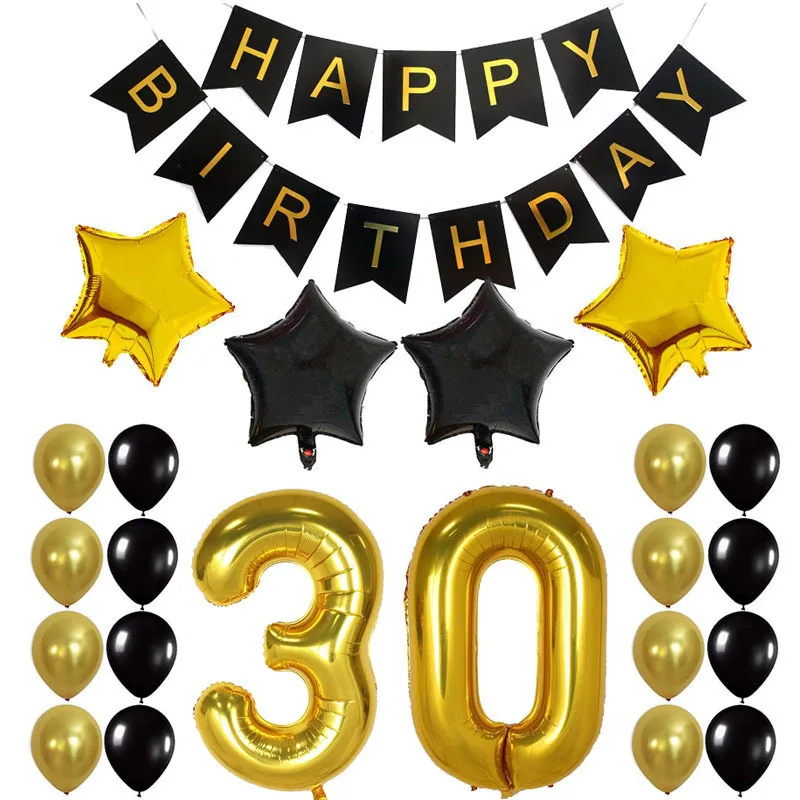 

Black Gold Party Decoration Balloons Happy Birthday Banner 16 18 21 30 40 50 60 70 80 90 Year Adult Helium Decorations Party