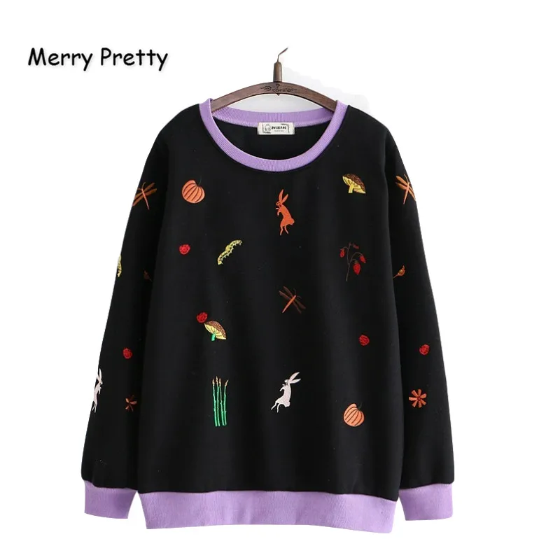 Merry Pretty Хлопковые женские толстовки с мультяшной вышивкой из кусков толстовки зимние пуловеры с длинным рукавом и круглым вырезом в симпатичном стиле
