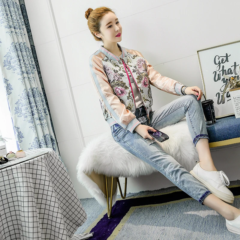 Женская куртка с вышитыми цветами бейсбольная форма в стиле пилота костюм на