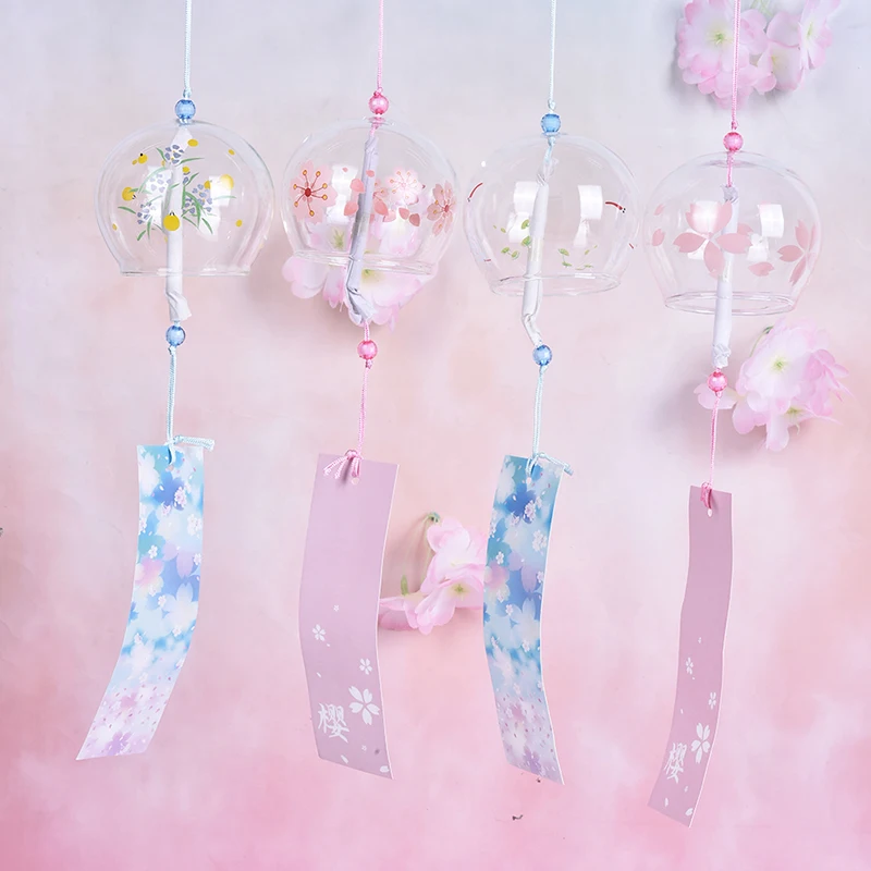 Japanese Style Glass Wind Chimes Hanging Craft Wind Bell Home Decor Sakura Cherry Blossom Pattern