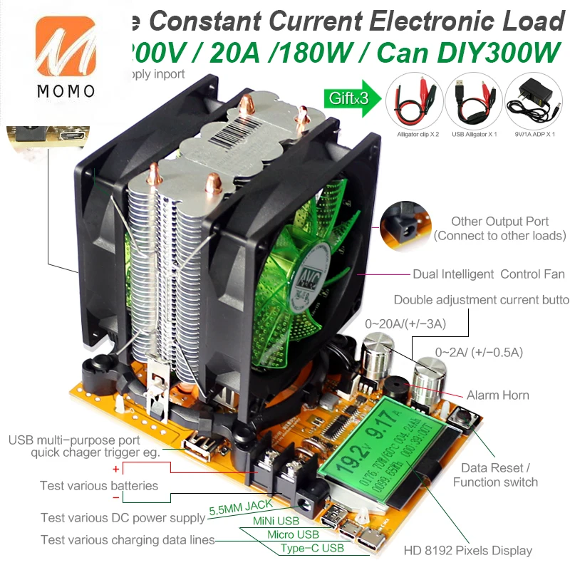 

200V 20A 180W adjustable Constant Current Electronic Load Battery Discharge capacity tester meter 12V24V48V Lead-acid lithium