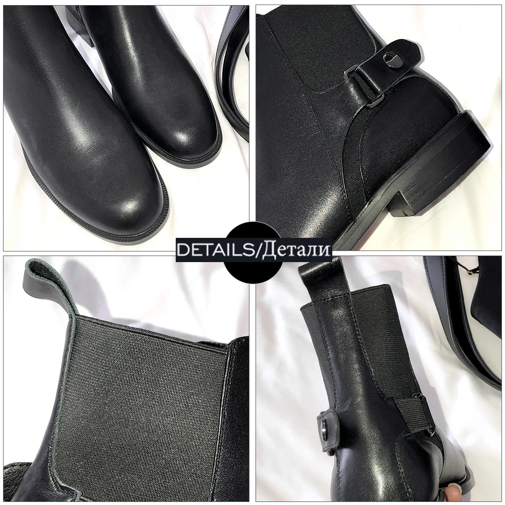 

WETKISS Genuine Leather Ankle Boots Woman Elastic Shoes Chelsea Boot Chunky Heel Round Toe Ladies Shoes Women Flat Booties 2021