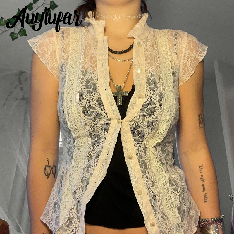 

Auyiufar Solid Lace Fairycore Button Short Tees Y2k See Through Sexy Casual Aesthetic Elfcore Tops Women Stand Collar Cardigans