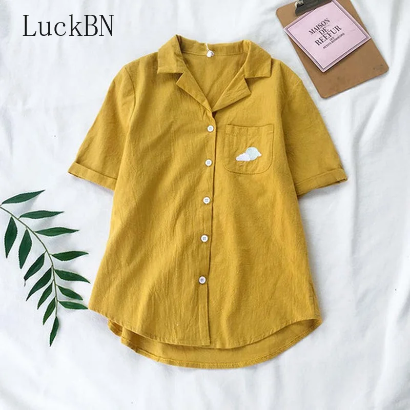 Блузка женская хлопковая в ретро стиле приталенная рубашка с вышивкой и принтом