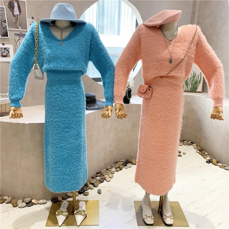 Niche Design New Women's Clothing 2021 Autumn Winter Sweet Temperament Suit Mohair Pullover Top High Waist Skirt Two Piece Set