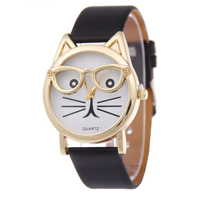 

2019 Fashion Hot Sale Glasses Cat Watch Fashion Leather Strap Case material stainless Wrist Watch Women Watches quartz clock new