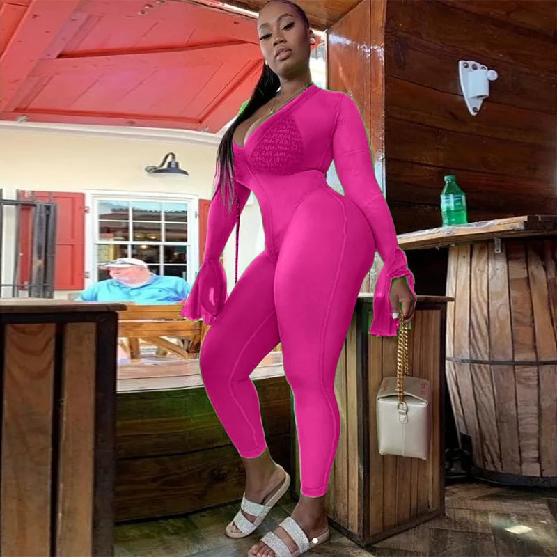 

Sexy Bodycon Jumpsuit Women Bodysuit Long Sleeve V-neck Rompers Womens Jumpsuit Cluewear Party Night Outfits Solid Color