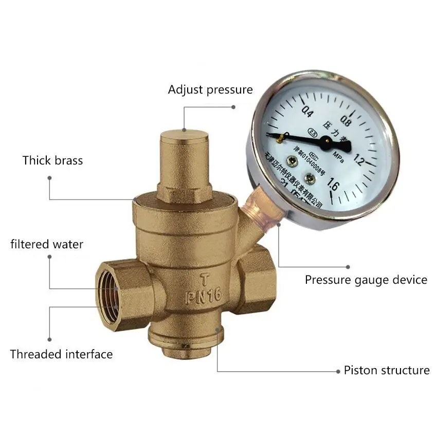 Регулируемый латунный редуктор давления воды DN15 резьбовой клапан PN 1 6 и манометр