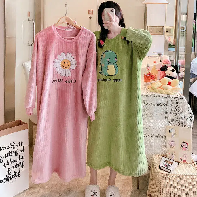 Autumn and Winter Facecloth Flannel Nightgown Thickened Coral Velvet Pajamas Female Loose Plus Size Home Wear Sleepwear Women