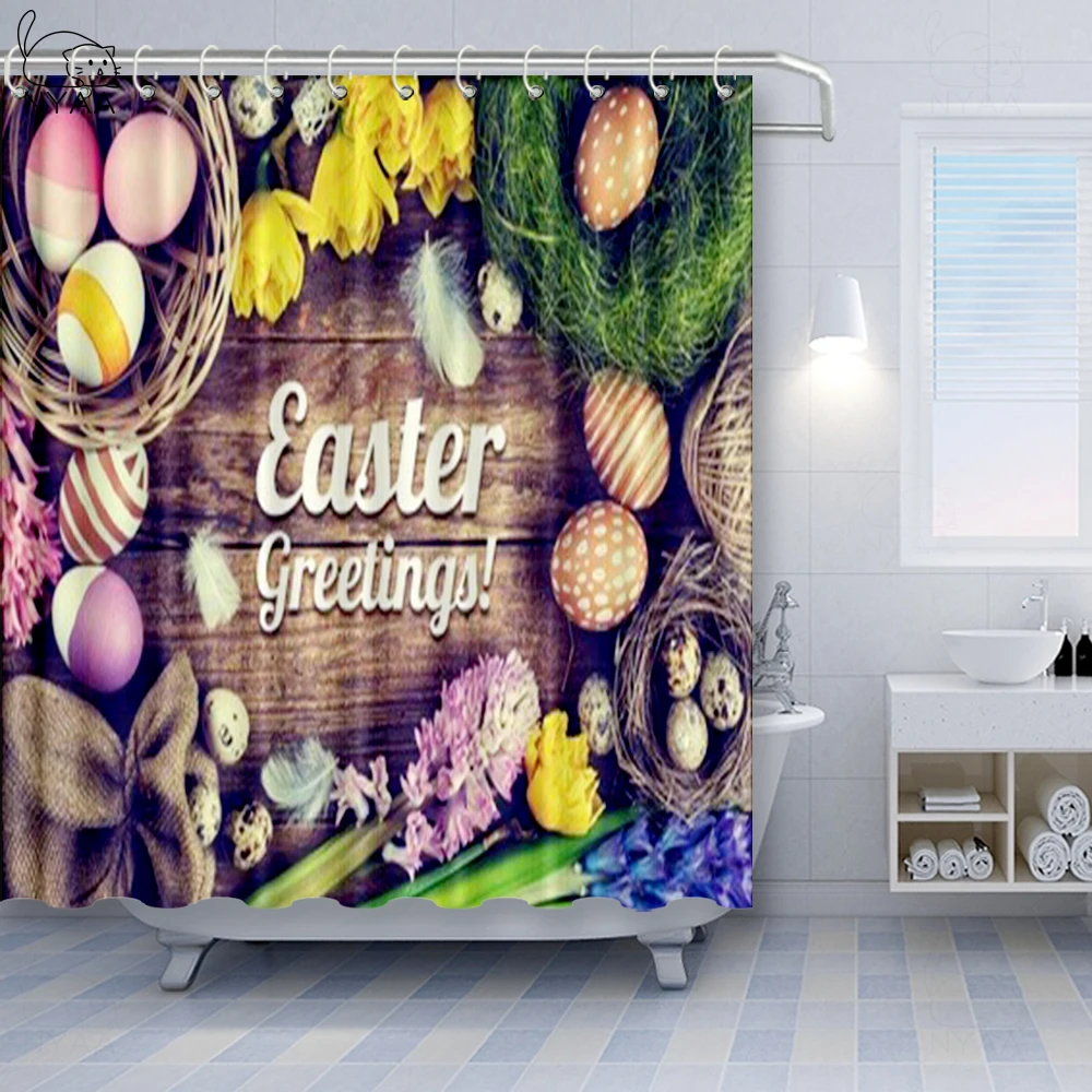 

NYAA Easter Rabbit Egg Bathroom Curtains Funny Wooden Shower Curtain 3d Polyester Bath Screen For Bathroom Home Decoration