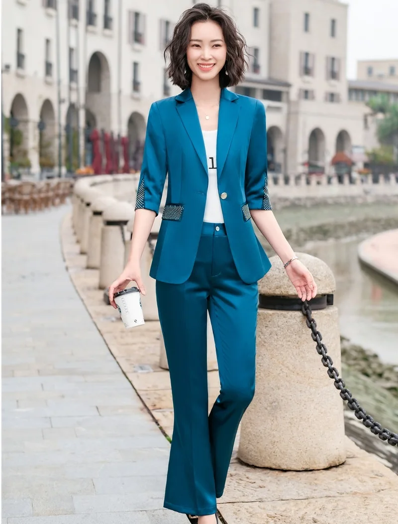 

Elegant Blue Fashion Styles Women Business Work Wear Suits Formal Uniform Designs Pantsuits Blazers Professional Trousers Set