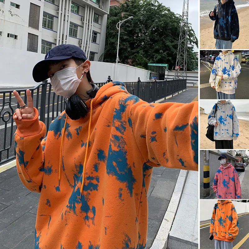 

Fashion New Hoodie sweatshirts men trend versatile hiphop tie dyed couple Top Pink plus size