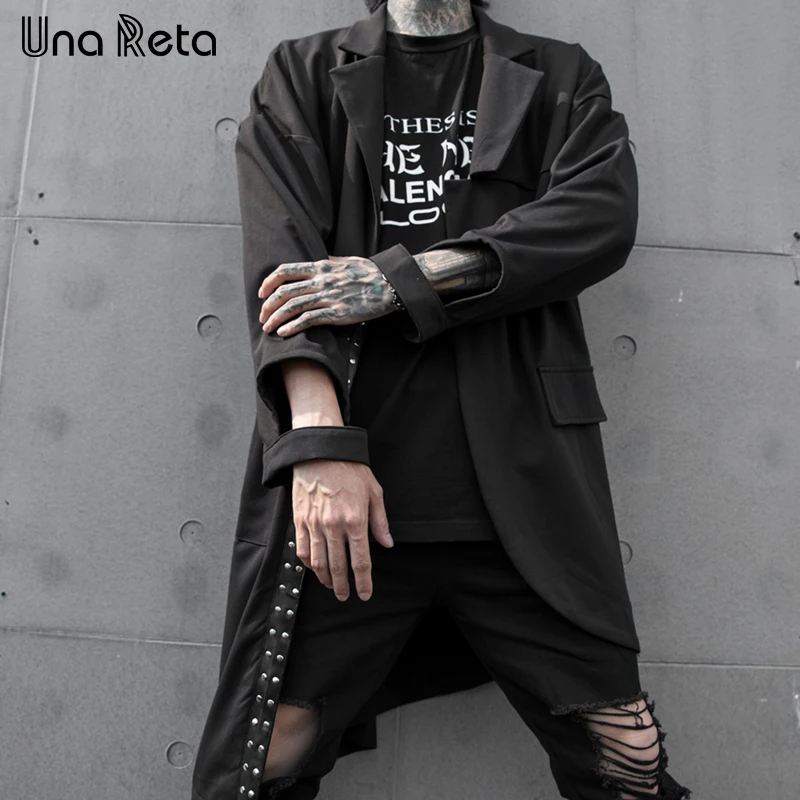 Тренч Una Reta для мужчин, новинка, Harajuku, ветровка с заклепками, пальто, мужская повседневная верхняя одежда в стиле хип-хоп, уличная куртка с капюшоном