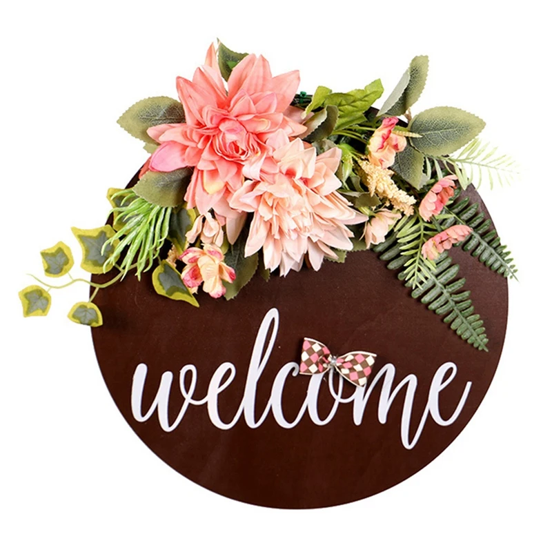 

Promotion! Rustic Welcome Sign with Artificial Dahlia Front Door Decor Round Wood Hanging Sign Farmhouse Porch Decorations for H