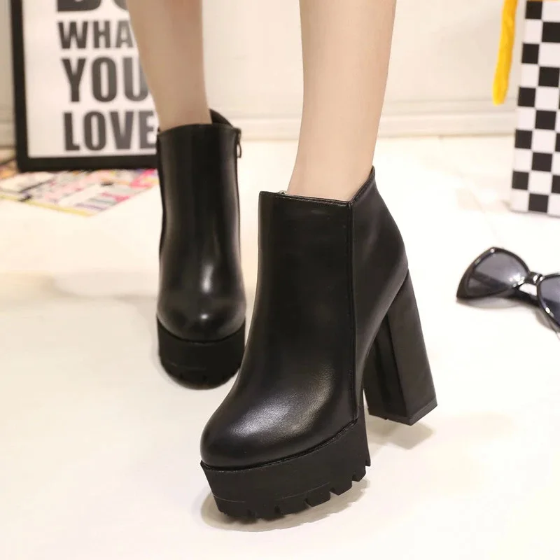 

2021 Woman Platform Ankle Boots Winter Women Zipper Short Plush Square Heels Ladies Punk Non Slip Warm Boots Female Autumn Shoes