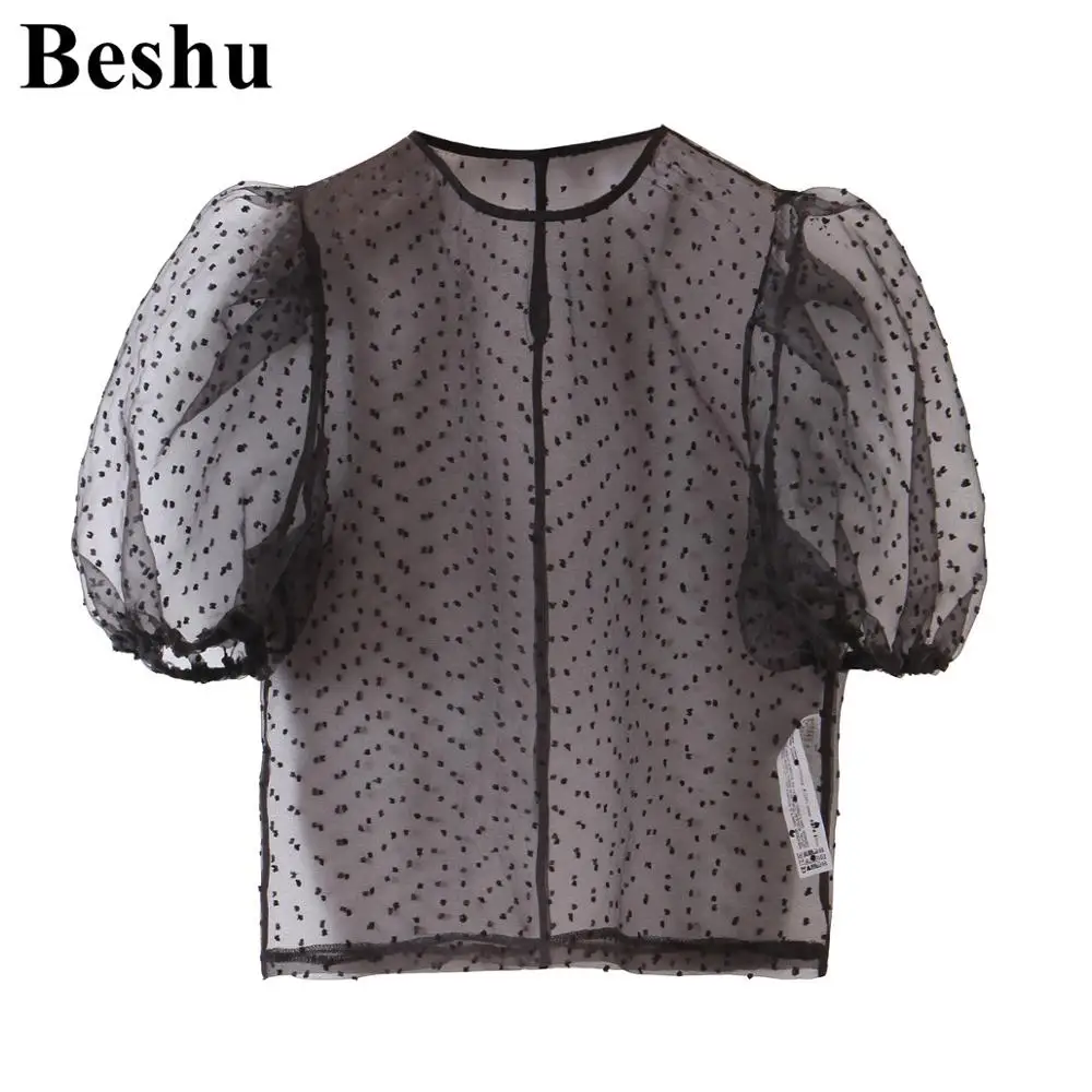 Za 2019 модные женские блузки из черной органзы сексуальная прозрачная короткая