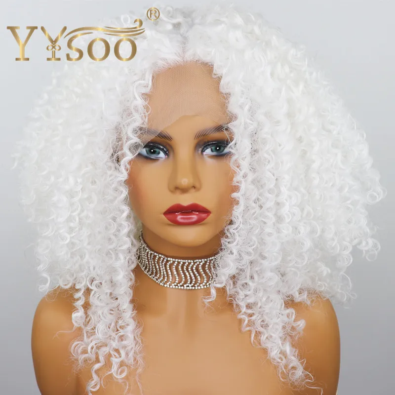 YYsoo 13х4 короткие белые кудрявые синтетические кружевные передние парики косплей