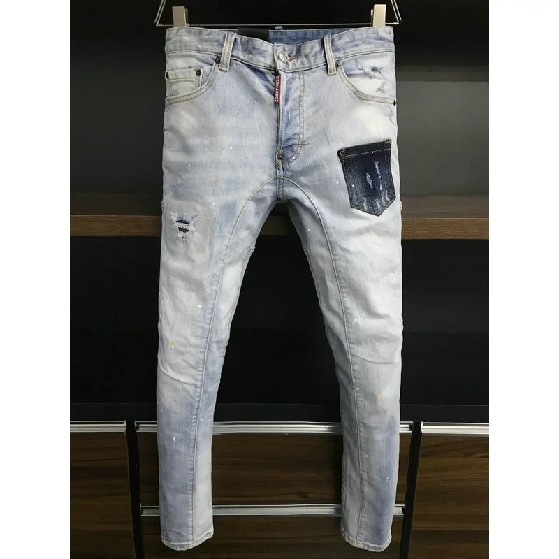 

Pocket Jeans Men Business Casual Slim Pencil Pants Male dsquared2 Skinny Biker Pants Street cowboy Party Denim Clothing Men