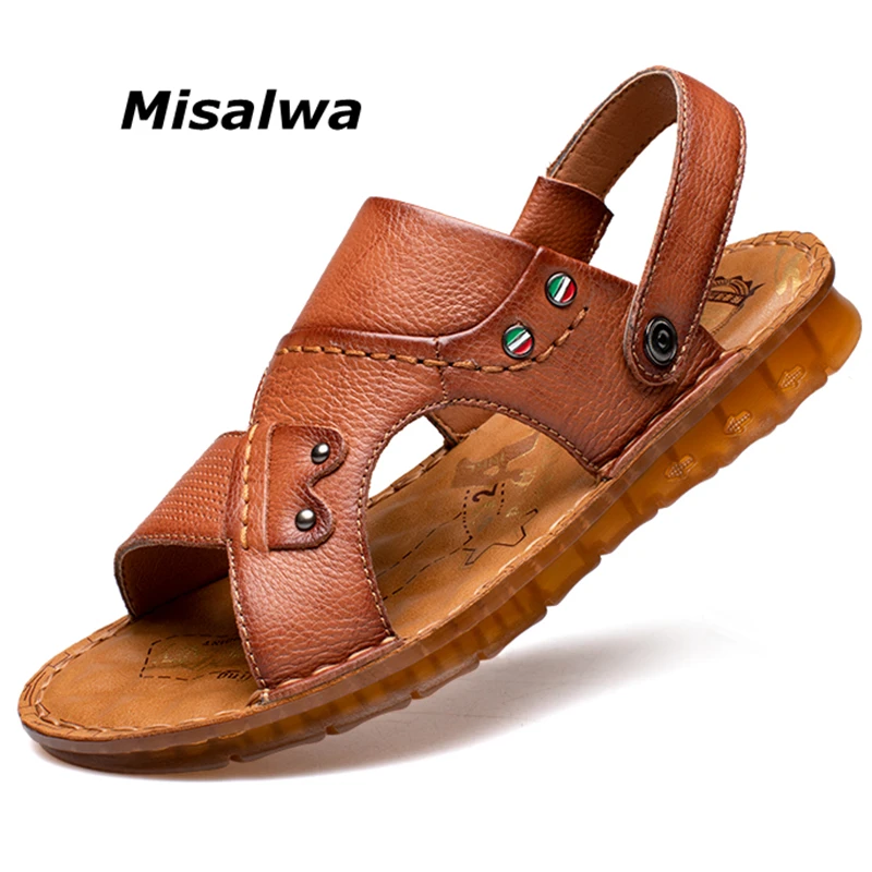 

Misalwa Men Sandals Genuine Leather Hand Sewing Men Slippers High Quality