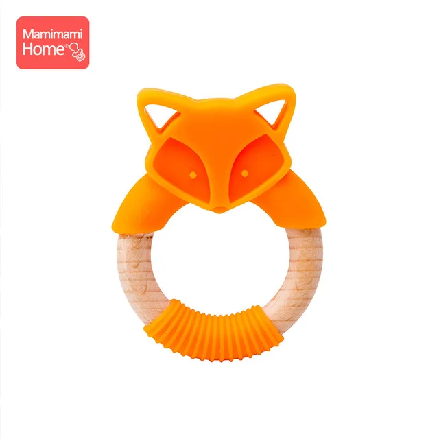 Orange fox ring Mamihome Baby Wooden Teether Animal Ring Silicone Rodent Beech Wooden Blank Rabbit Ears baby products Toys Pacifier Pendant Gift - Цвет: Orange fox ring