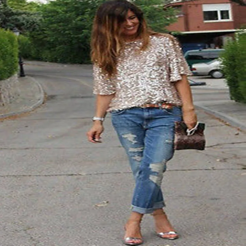 Женская блестящая блузка с длинным рукавом Modis золотистая блестками Свободный