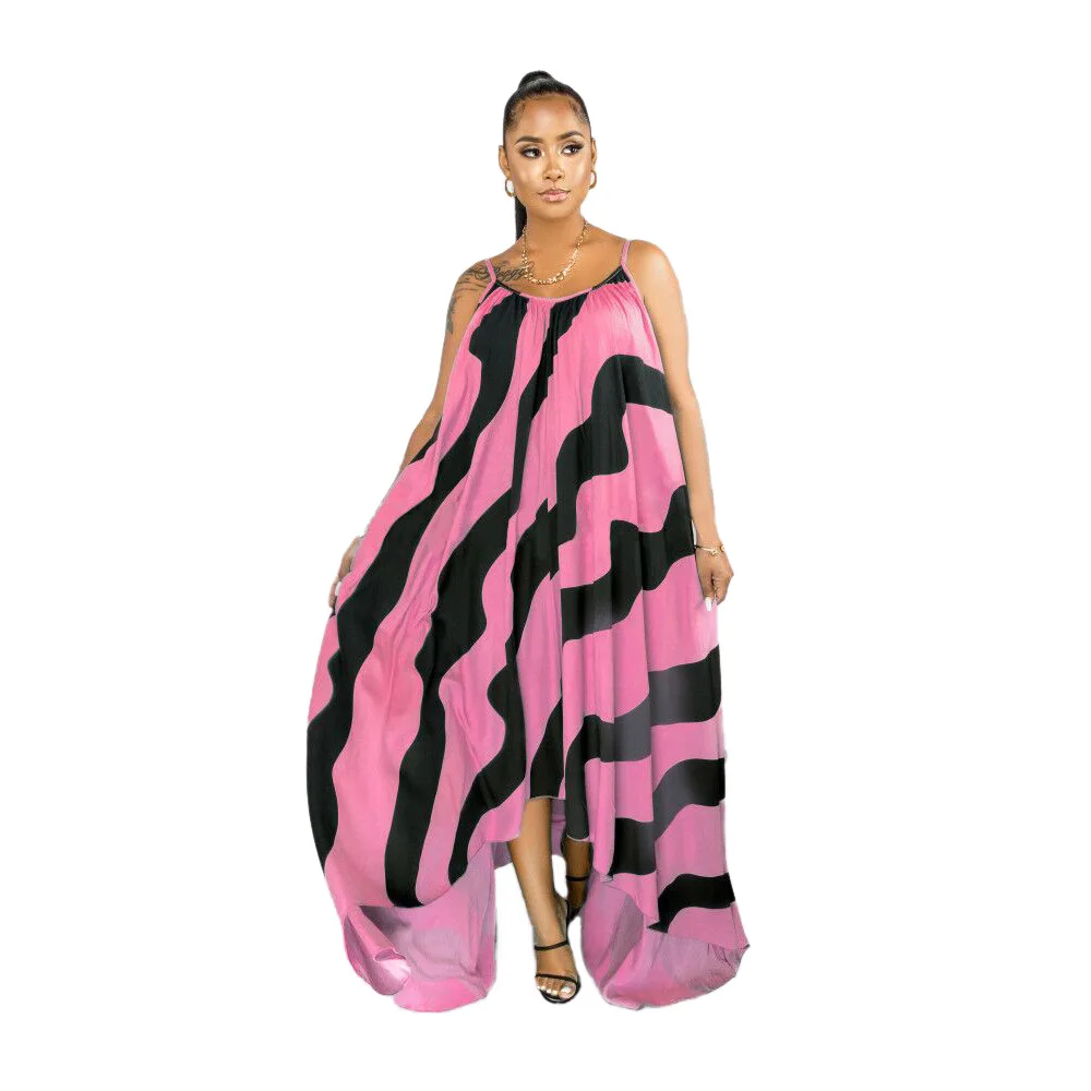 

Women Striped Print Spaghetti Strap Sleeveless Irregular Maxi Dress Fashion Streetwear Long Dresses Vestidos