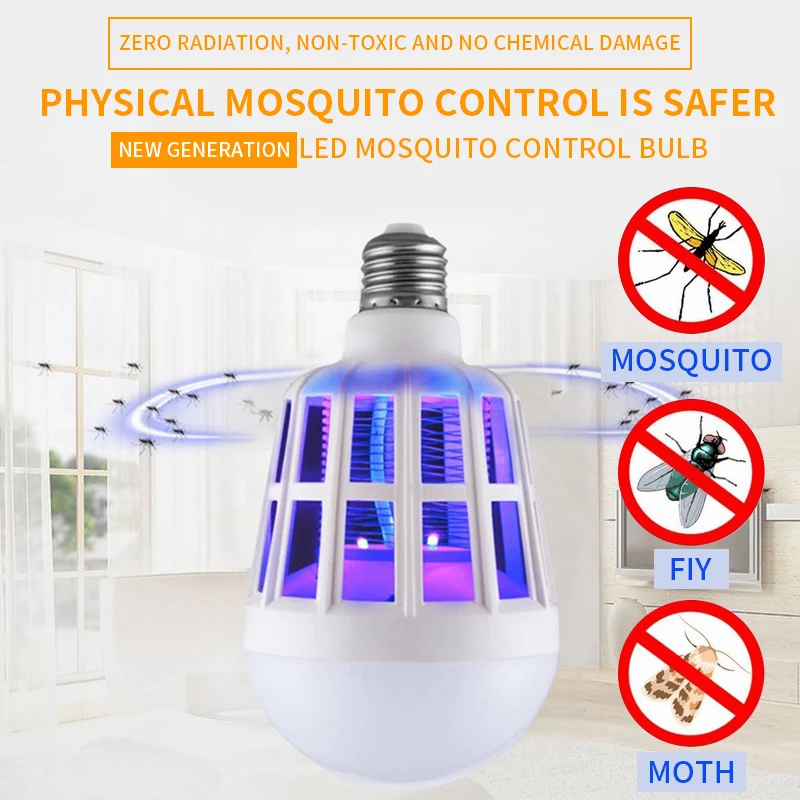 Светодиодный УФ светильник для уничтожения комаров 2 в 1 220 В E27 15 Вт|Лампа от
