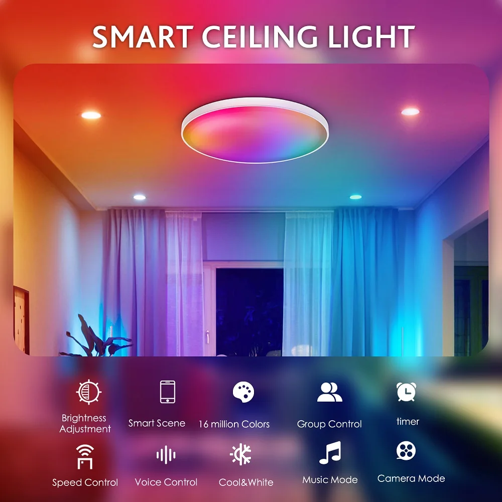 $35.09 WiFi LED Ceiling Light Living Room Flush Mount Smart Ceiling Lamp RGB Dimmable 30W 2200LM 110V 220V Work with Alexa /Google Home