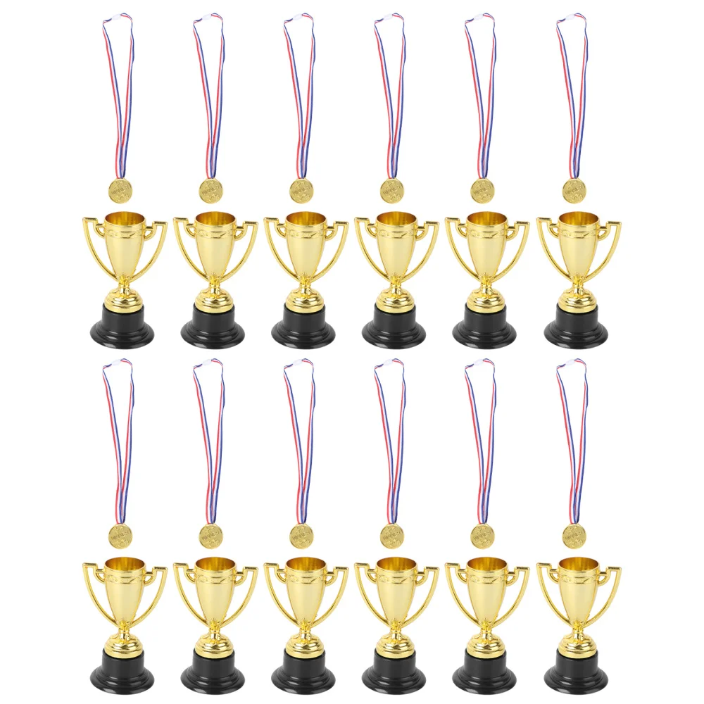 

12pcs Mini Gold Cups Trophy and Award Medals Prizes Small Medals Gift Awards Trophy Toys for Students Sport(6pcs Trophie