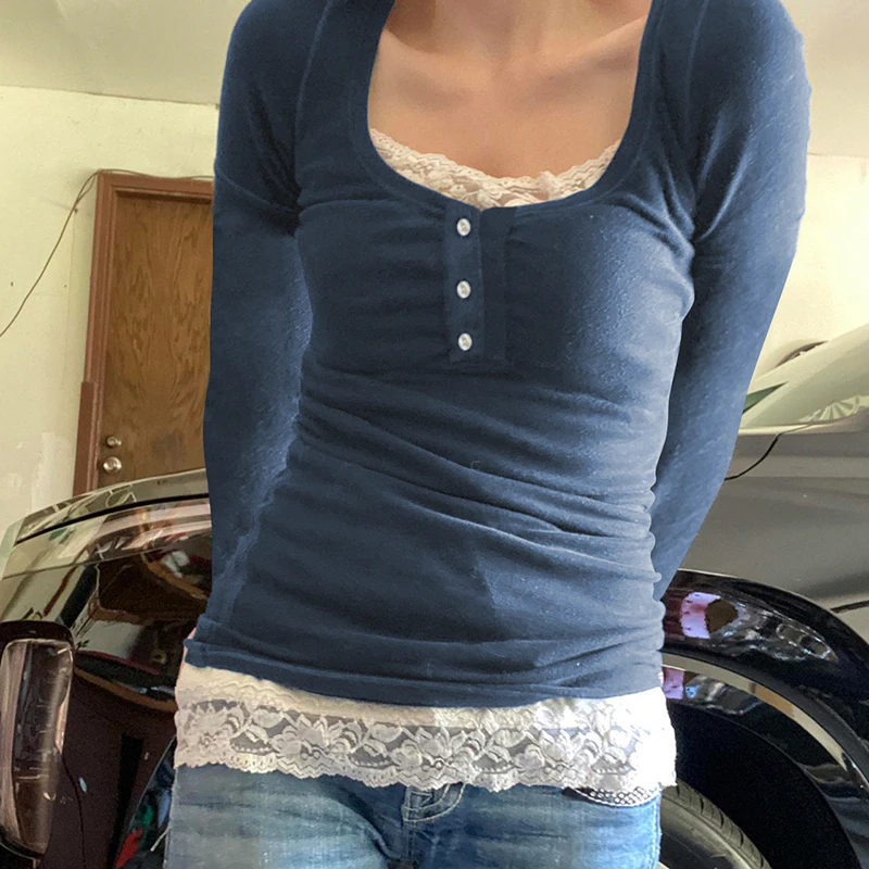 Kawaii белая кружевная отделка футболка шикарные женские осенние винтажные