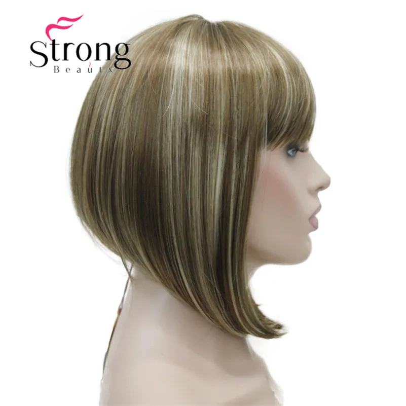 StrongBeauty короткий прямой блонд выделенный боб с челкой синтетический парик черный коричневый красный женские парики выбор цвета - Цвет: 12TT26 Lt. Brown mix