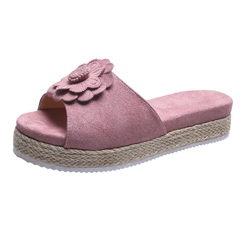 

2021 New Women Slippers Breathable Slippers With Big Flower Linen Casual Home Thick Bottom Slides Non-slip Indoor Shoes Flats