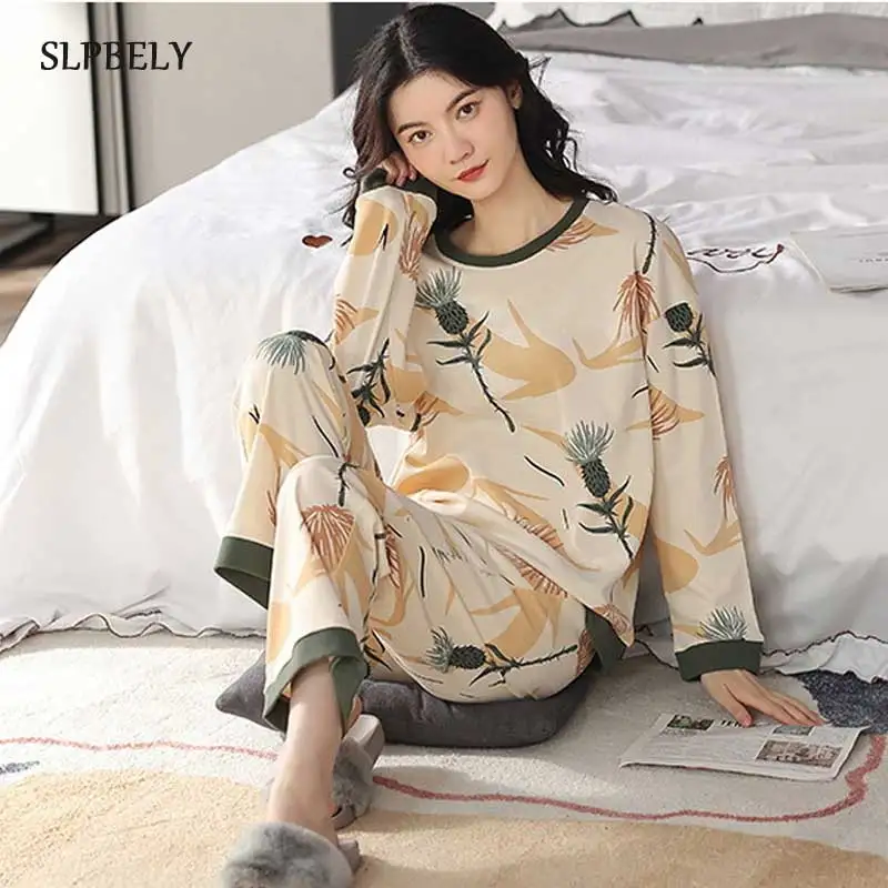 

SLPBELY Women Pajamas Set Homesuit Autumn Flower Printed Nightwear Pyjamas Sleepwear Simple Long-sleeved Home Service Set Pijama