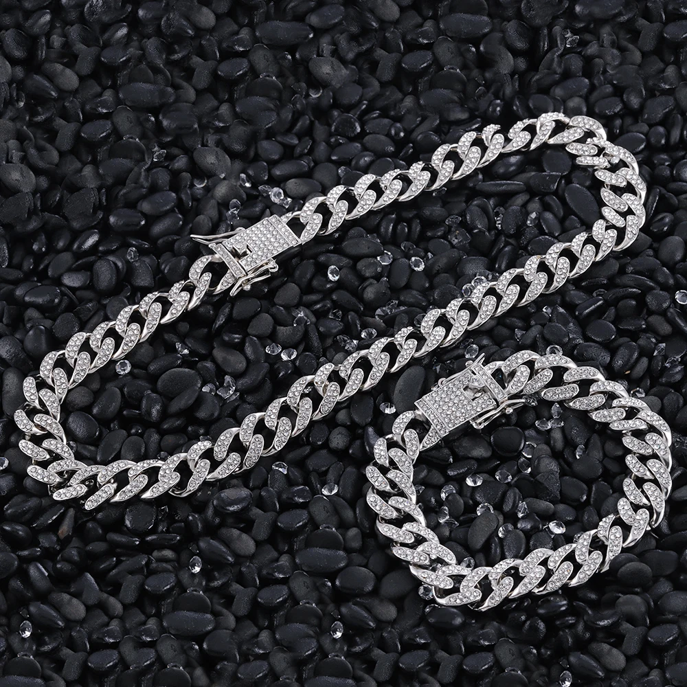 

13mm Hip Hop Miami Curb Cuban Chain Necklace Golden Iced Out chain Rhinestones CZ Rapper Link Silver Color Necklaces Men Jewelry