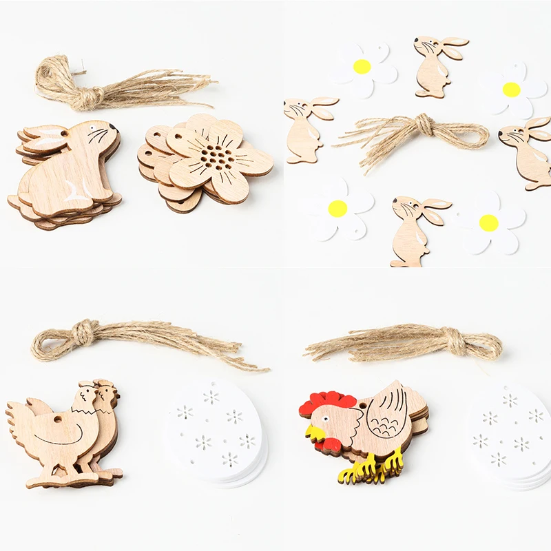 

8PCS Easter Decorations Rabbits Easter Eggs Wooden Crafts DIY Ornament Hanging Tag Wooden Eggs Decorations Home Wood Rabbits