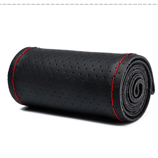 black red Автомобильные чехол На Руль DIY из натуральной кожи, оплетка на руль автомобиля с иглой и резьбой, аксессуары для интерьера - Название цвета: black red