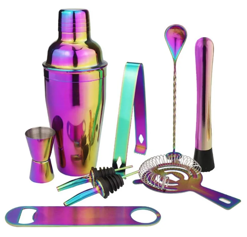 Gorgeous Color 9pcs Шейкер для коктейлей, B-55S, радуга, 550 мл, нержавеющая сталь, шейкер для коктейлей, набор миксеров для вина, Мартини, бармена, для напитков, вечерние, барные инструменты - Цвет: Gorgeous Color 9pcs
