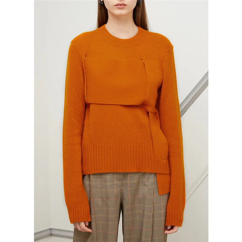 LANMREM 2020 round neck full sleeves spliced knits cross body short pullover mohair high quality sweaters WJ40301L | Женская одежда