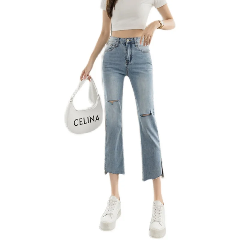 

Fashion jeans high-waisted straight-leg hole stretch slim slim cropped trousers Spring and summer women's clothing