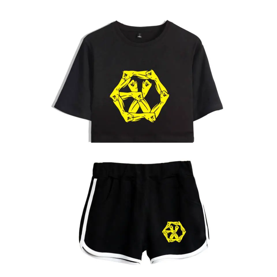 

2021Summer EXO Tracksuit Two Piece Set Cotton Printed Striped T shirt EXO Kpop Album Women's Suit Shorts Crop Top + Shorts Pants