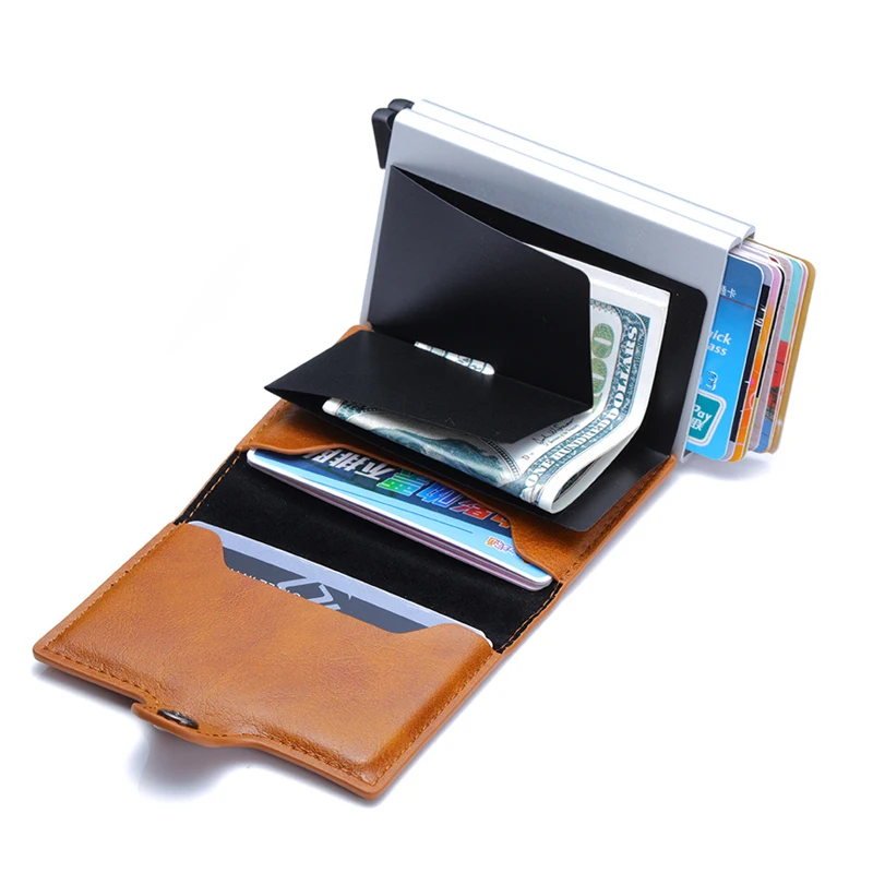 RFID мужской кожаный ID кредитный держатель для карт мужской автоматический алюминиевый сплав Hasp бизнес двойной слой визитница кошелек для мужчин