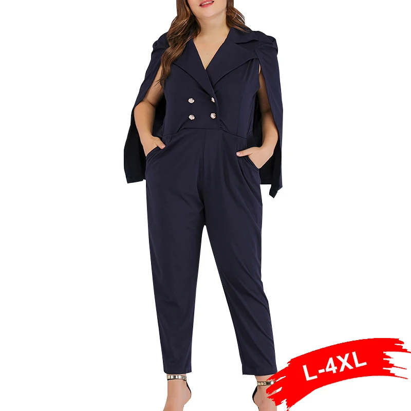 Элегантные женские вечерние комбинезоны размера плюс темно синего цвета с v