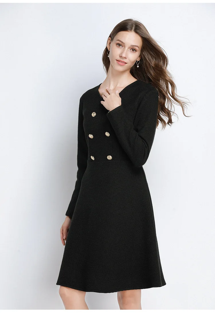 

Plus size women black dress V neck long sleeves double breasted button slim fit warm thick fleece winter dress cultivated tunics