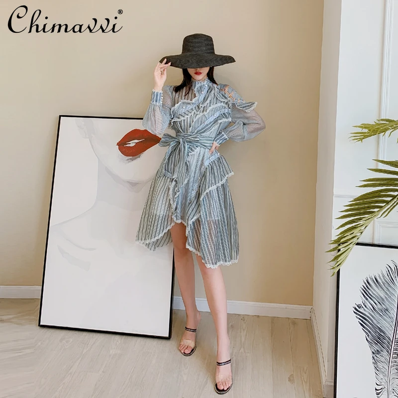 

Fashion Designer Dress Women 2021 Summer Wooden Ear Stitching Organza Dress Striped Full Sleeve Personality Asymmetric Dress